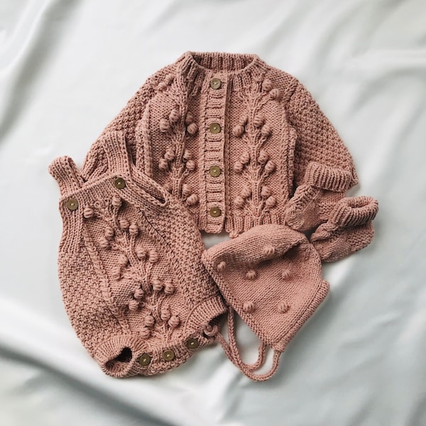 Hand Knit Baby Set: Cotton Cardigan, Romper, Bonnet & Socks