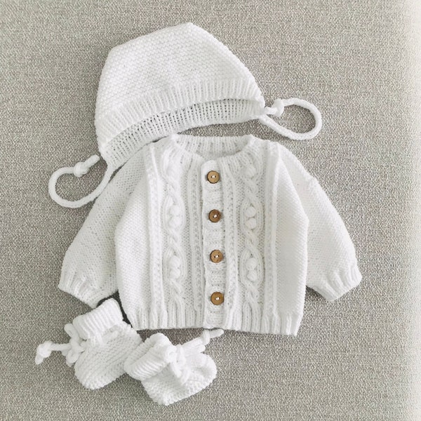 Adorable Knitted Baby Cardigan Set: White and Cozy with Hat and Booties Baby coming home outfit