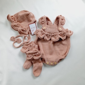Spanish knitted baby clothes Cute baby set for photography Organic cotton Knitted baby girl outfit