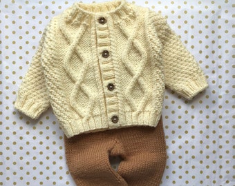 Knit baby overall romper jumpsuit Baby cardigan cable knit Wool baby clothes Winter baby outfit Romper set
