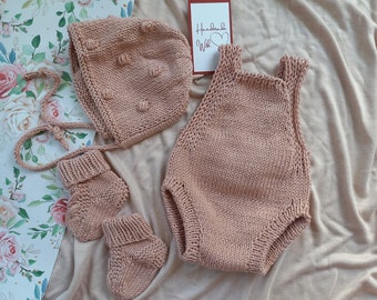 Summer baby outfit Knitted baby romper set Photo prop clothes Newborn outfit