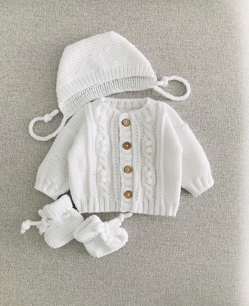 Adorable Knitted Baby Cardigan Set: White and Cozy with Hat and Booties Baby coming home outfit image 1