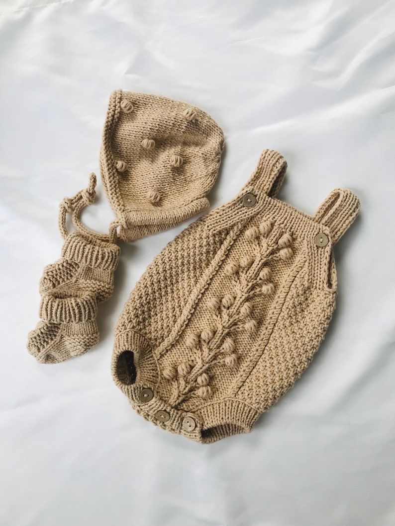 Knit baby romper set Beige baby romper Newborn coming home outfit Baby photo props Gift for new baby Knit baby outfit image 7