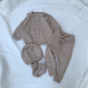 Organic Cotton Knit Newborn Set: Baby Sweater, Hat, Pants & Socks