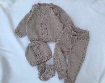 Newborn baby set organic cotton % 100 Baby coming home Hospital outfit Newborn knitted outfit Baby clothes Baby sweater sets Neutral baby