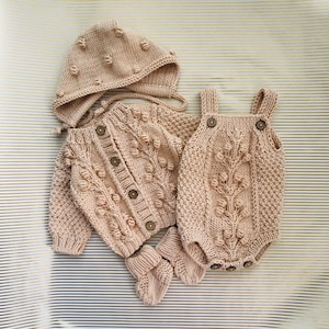 Hand Knit baby set of 4 Cute baby clothes Knitted baby romper cardigan socks bonnet Summer baby outfit Knitted baby clothes 16. Light Beige