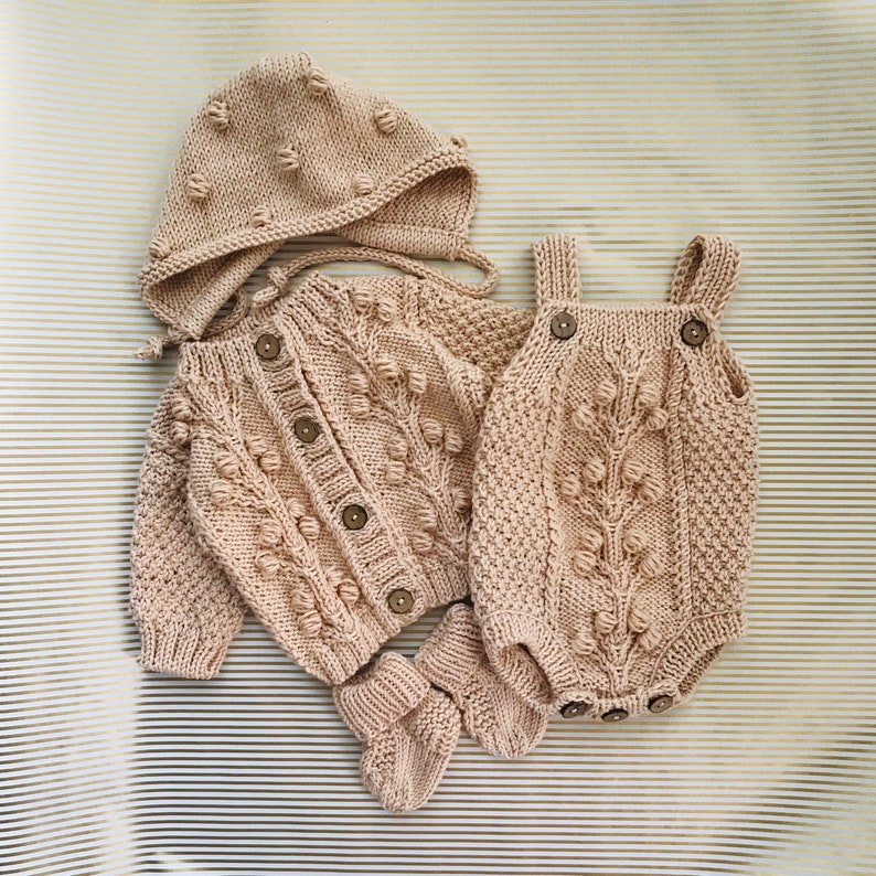 Hand Knit baby set of 4 Cute baby clothes Knitted baby romper cardigan socks bonnet Summer baby outfit Knitted baby clothes image 5