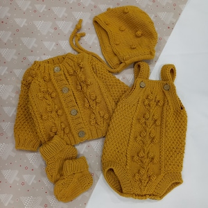 Hand Knit baby set of 4 Cute baby clothes Knitted baby romper cardigan socks bonnet Summer baby outfit Knitted baby clothes 18. Honey Yellow