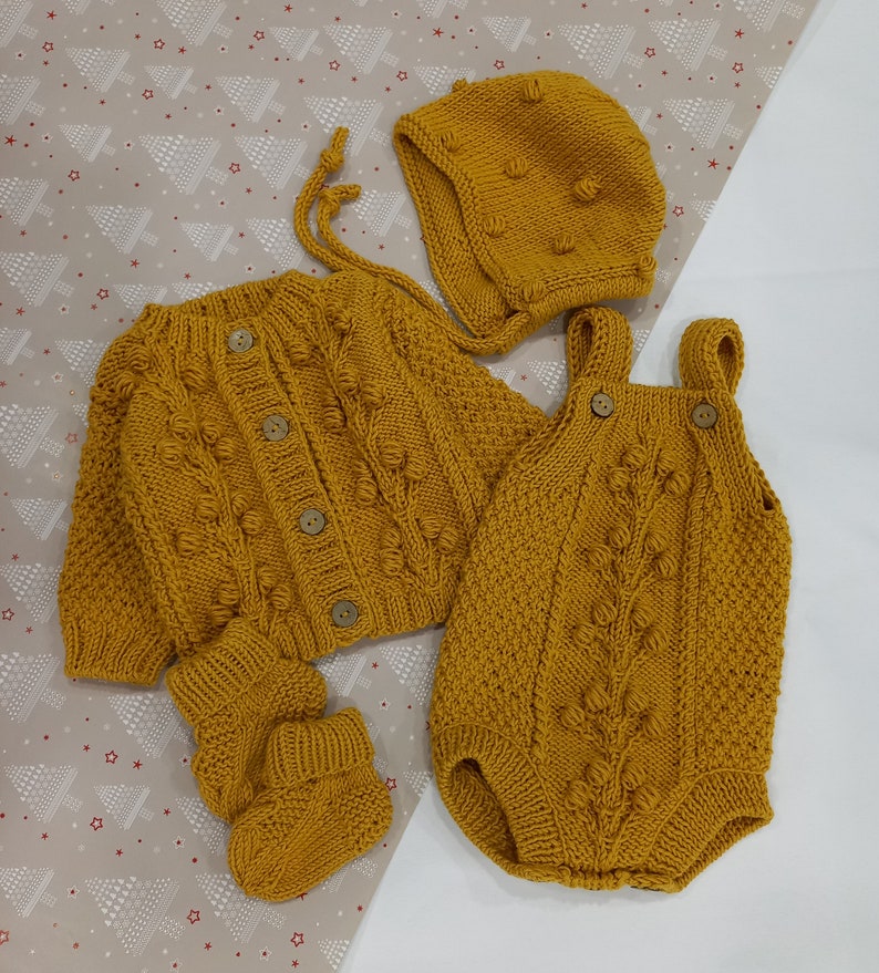 Hand Knit baby set of 4 Cute baby clothes Knitted baby romper cardigan socks bonnet Summer baby outfit Knitted baby clothes image 2