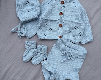 Hand Knitted Organic Cotton Newborn Set: Cardigan, Bloomer, Bonnet & Socks