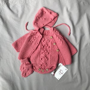 Hand Knit Merino Wool Baby Cardigan Romper Set - Coming Home Outfit