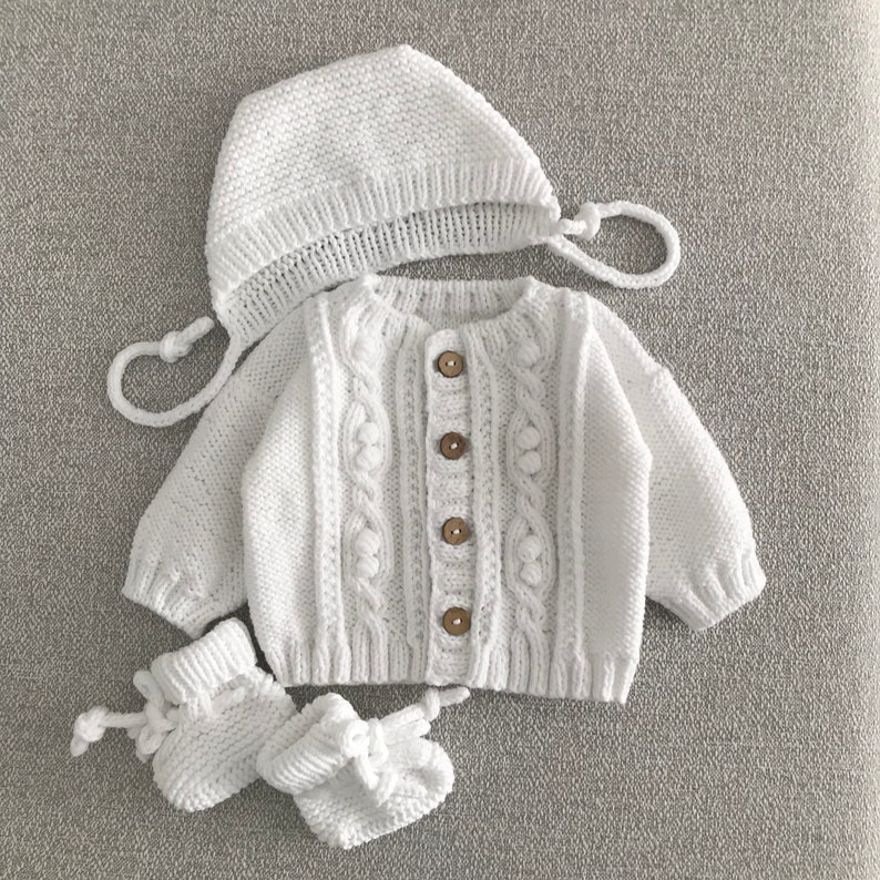 Adorable Knitted Baby Cardigan Set: White and Cozy with Hat and Booties Baby coming home outfit image 7