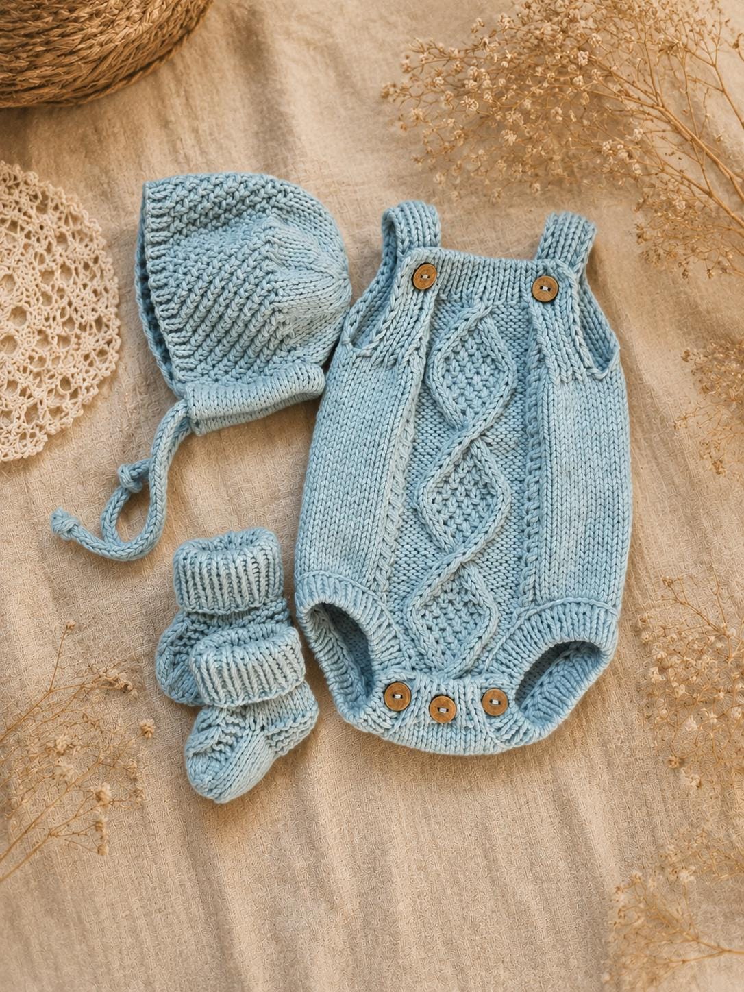 Baby coming home outfit. Knitted Romper, Bonnet and Socks.