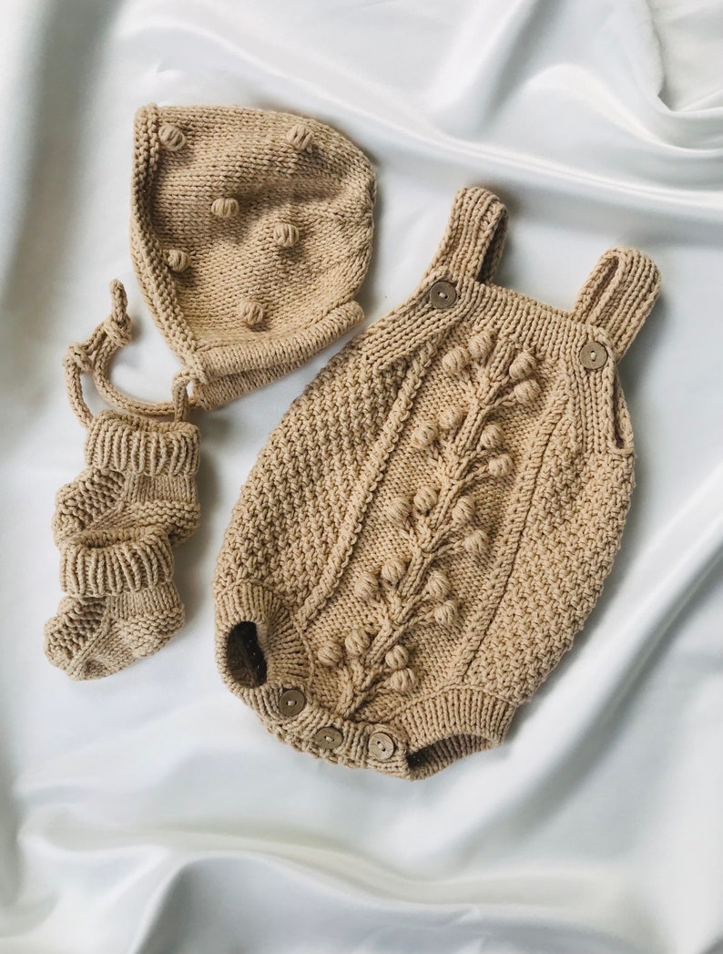 Knit baby romper set Beige baby romper Newborn coming home outfit Baby photo props Gift for new baby Knit baby outfit image 5