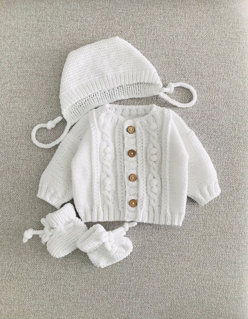 Adorable Knitted Baby Cardigan Set: White and Cozy with Hat and Booties Baby coming home outfit image 5