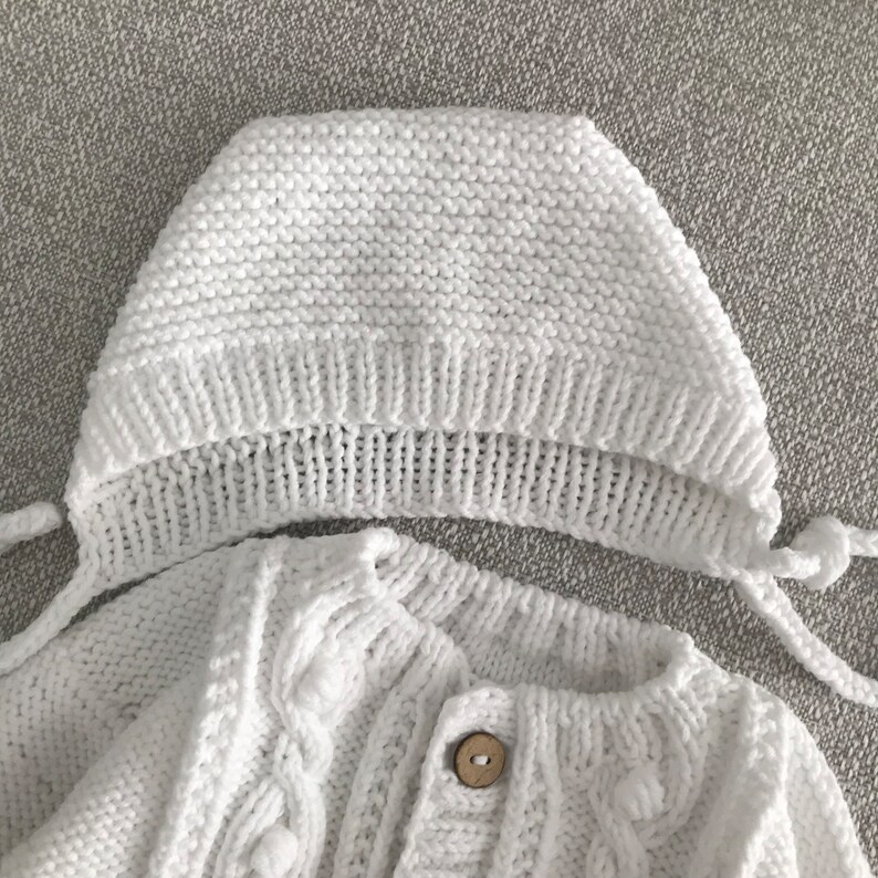 Adorable Knitted Baby Cardigan Set: White and Cozy with Hat and Booties Baby coming home outfit image 4