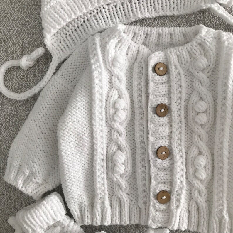 Adorable Knitted Baby Cardigan Set: White and Cozy with Hat and Booties Baby coming home outfit image 2