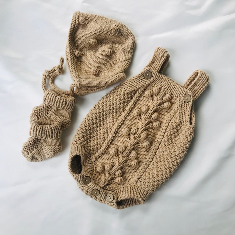 Knit baby romper set Beige baby romper Newborn coming home outfit Baby photo props Gift for new baby Knit baby outfit image 6