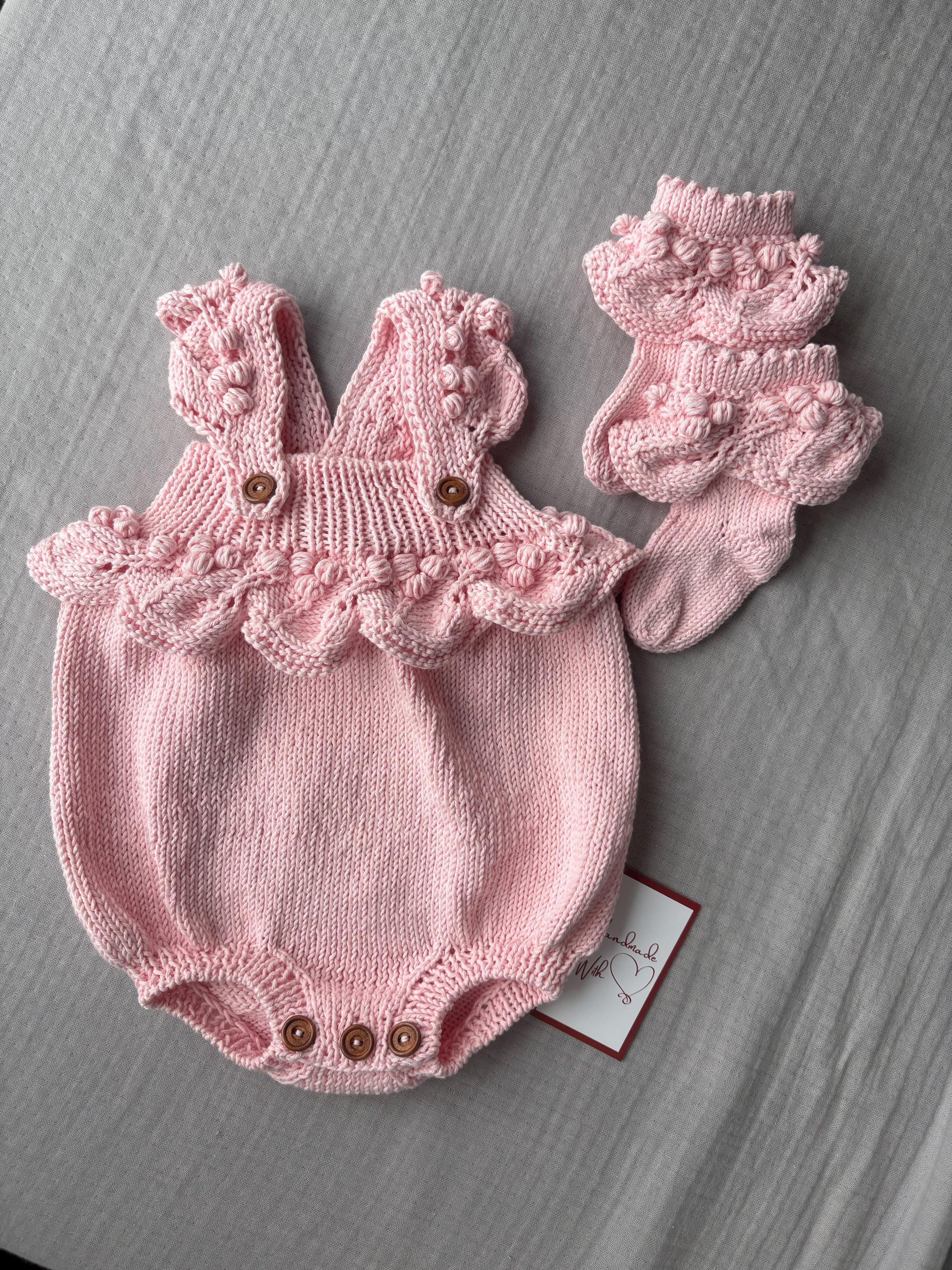 Knitted Baby Romper with Socks: Pale Pink Organic Cotton Outfit