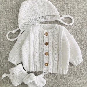 Adorable Knitted Baby Cardigan Set: White and Cozy with Hat and Booties Baby coming home outfit image 9