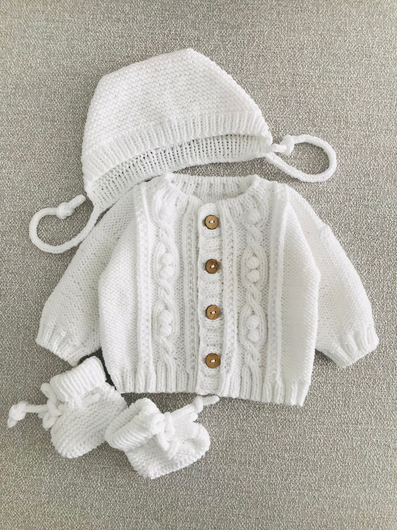 Adorable Knitted Baby Cardigan Set: White and Cozy with Hat and Booties Baby coming home outfit image 9