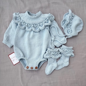 Romper set for baby girl Hand knitted baby outfit Cute sets for baby gift, baby shower, new baby, new moms gift.