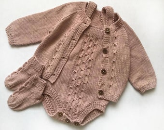 Knit Baby Cardigan Romper and Socks Organic cotton Baby shower gift Knitted baby set