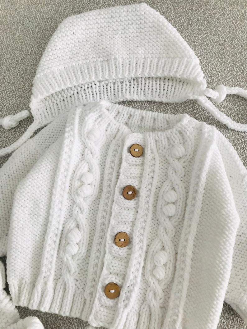 Adorable Knitted Baby Cardigan Set: White and Cozy with Hat and Booties Baby coming home outfit image 10