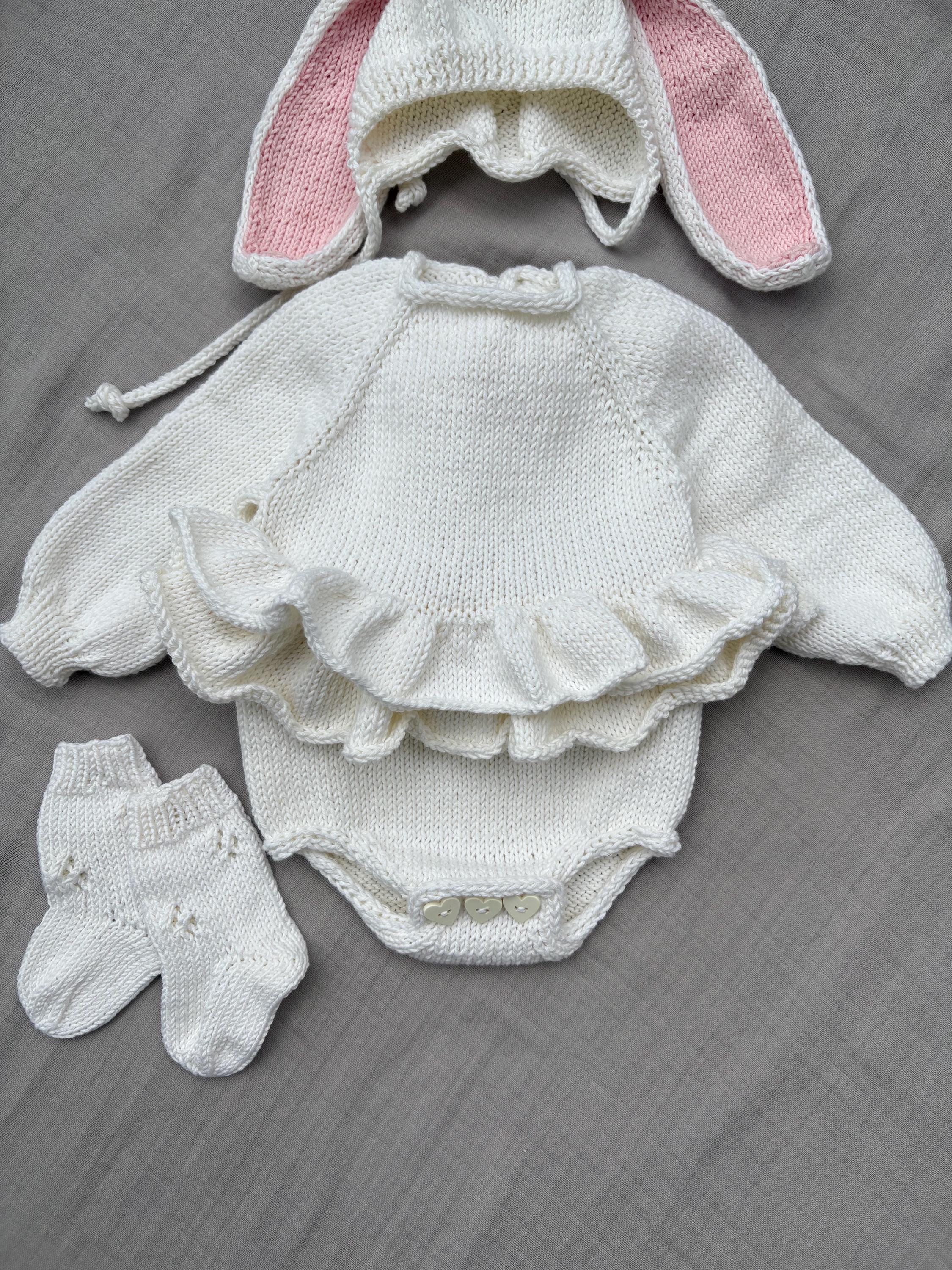 Hand Knit Baby Bunny Outfit /romper Set With Bunny Ear Hat and Socks - Etsy