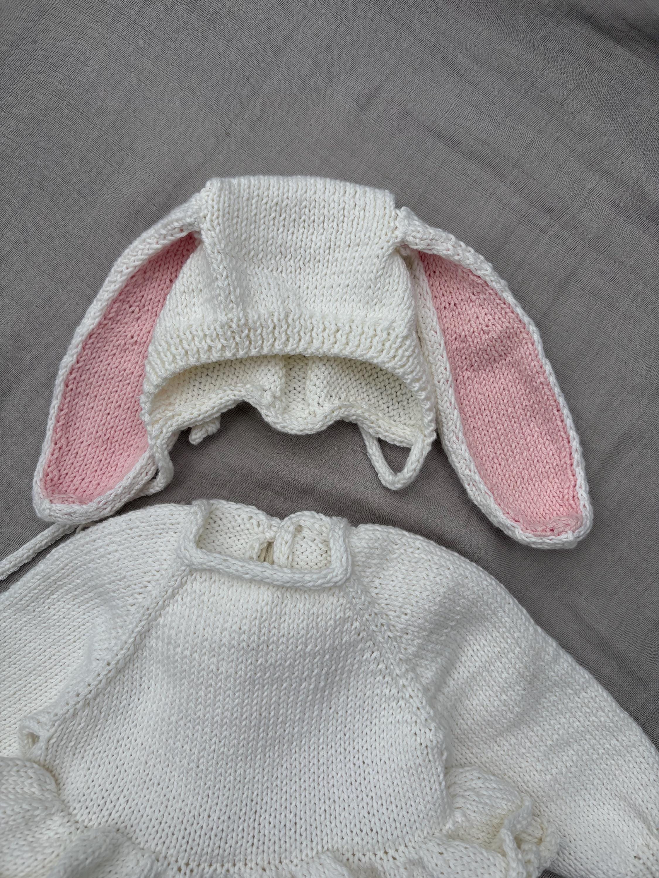 Hand Knit Baby Bunny Outfit /romper Set With Bunny Ear Hat and Socks - Etsy