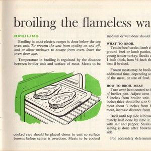 Puede incluir: P&aacute;gina de un libro de cocina antiguo titulada "broiling the flameless way". El texto describe c&oacute;mo asar carne, acompa&ntilde;ado de una ilustraci&oacute;n de carne en una parrilla. Tambi&eacute;n hay una tabla con temperaturas internas y tiempos de cocci&oacute;n.