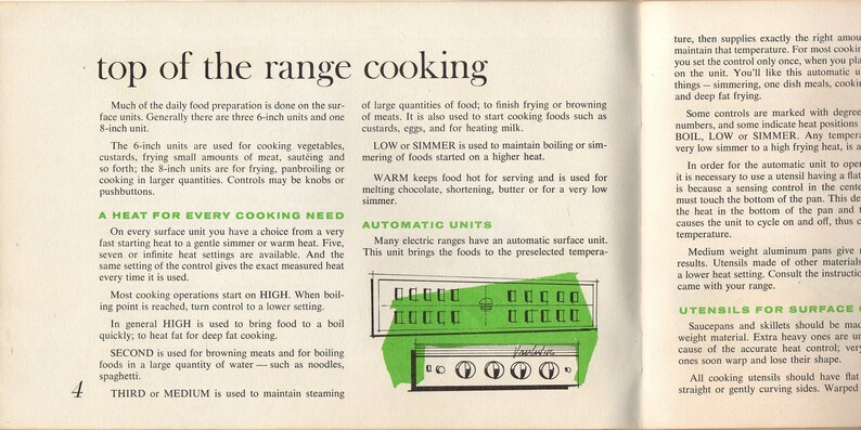 Puede incluir: P&aacute;gina de libro antiguo con texto e ilustraciones sobre cocina. El texto describe las caracter&iacute;sticas de una cocina, incluyendo quemadores, ajustes de calor y unidades autom&aacute;ticas. La p&aacute;gina tiene un dise&ntilde;o retro.
