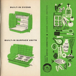 Puede incluir: P&aacute;gina de libro de cocina vintage con ilustraciones en verde y blanco. Presenta diagramas de hornos empotrados y unidades de superficie, y un &iacute;ndice con temas de cocina como hornear y asar.
