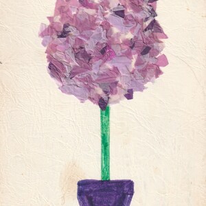 May include: A drawing of a purple flower in a purple pot with a green stem. The flower is made of layered purple paper. The pot is a dark purple, and the stem is a bright green. The background is a textured off-white.