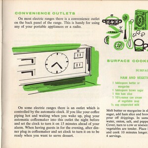 Puede incluir: P&aacute;gina de libro de cocina vintage en verde y blanco. Presenta una tabla de fre&iacute;r, informaci&oacute;n sobre enchufes y recetas de cocina de superficie, incluyendo una comida de sart&eacute;n de jam&oacute;n y verduras.