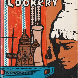 May include: A vintage book titled Israeli Cookery by Lilian Cornfeld. The cover features a graphic illustration of a person wearing a white head covering, a brown coffee pot, a tall pepper mill, and a blue bowl against a red and white striped background.
