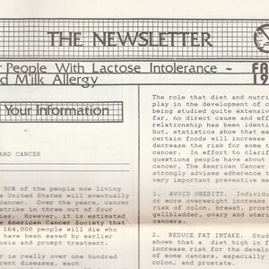 May include: A newsletter titled "THE NEWSLETTER" with the subtitle "For People With Lactose Intolerance and Milk Allergy." The text includes information on food, cancer, and preventive measures, published in Fall 1991.
