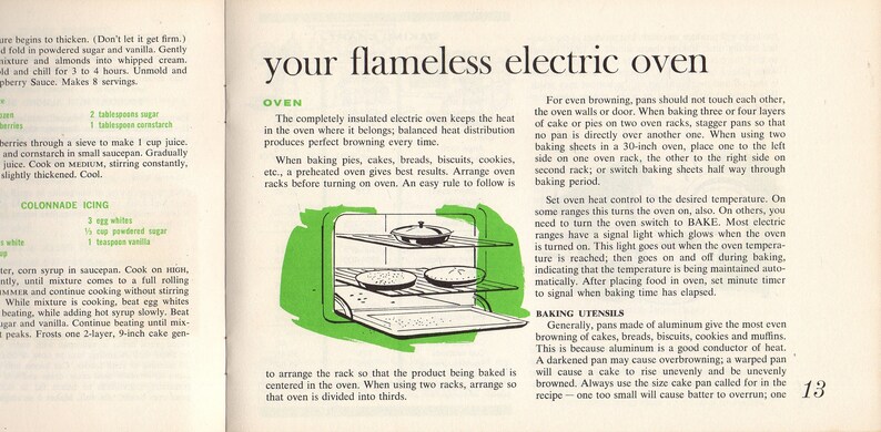 Puede incluir: Una ilustraci&oacute;n de un libro de cocina vintage muestra un horno el&eacute;ctrico con contorno verde con dos rejillas, cada una con una tarta o pastel. El texto dice "your flameless electric oven."