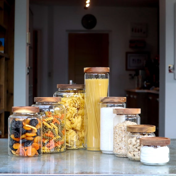 Set of 5 Kitchen Canisters with Wood Lid Stackable Glass Food Jars Storage  Sugar or Spaghetti Container for Pantry