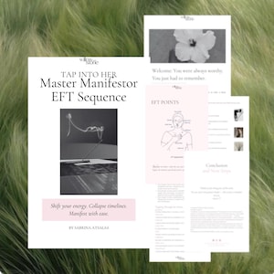May include: A stack of white and pink printed papers with text and illustrations, including the words "Master Manifestor EFT Sequence" and "EFT Points." An incense stick with smoke is in the center of the main paper. The background is green.