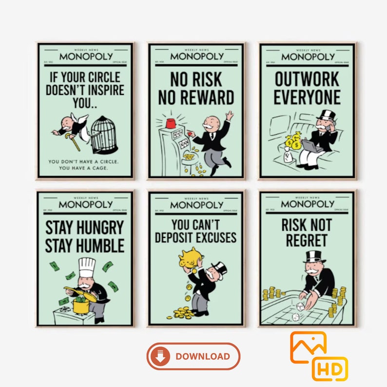 Alec Monopoly Grafitti Set Of 6/Monopoly Canvas Motivation/ Motivation de bureau/Alec Monopoly Poster/ art mural imprimable/ art motivationnel image 1