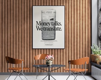 Money Talks we translate, wall street journal vintage ads, Vintage poster, iconic brands, retro advertisement prints, vintage advertising art