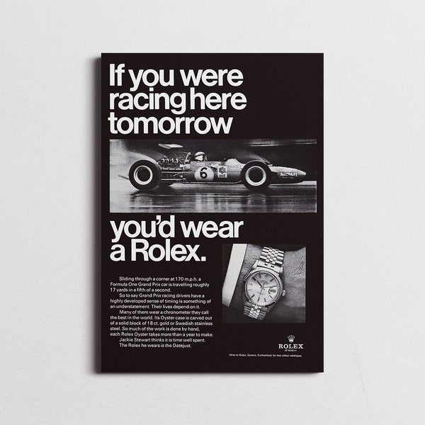 Rolex Vintage poster 1970, If you were racing here tomorrow you'd wear a Rolex, Rolex vintage poster, Rolex canvas,Rolex wall art, ROLEX