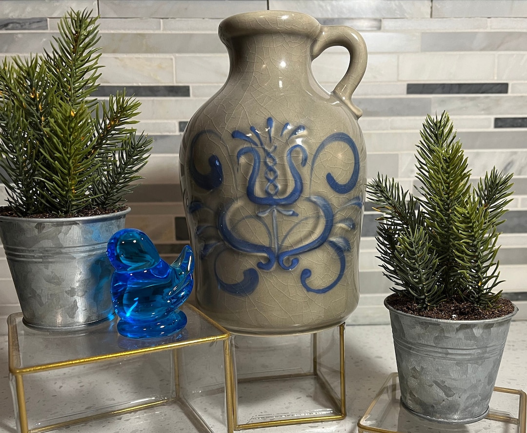 Vintage Inarco Pottery Jug With Blue Scrolls Etsy