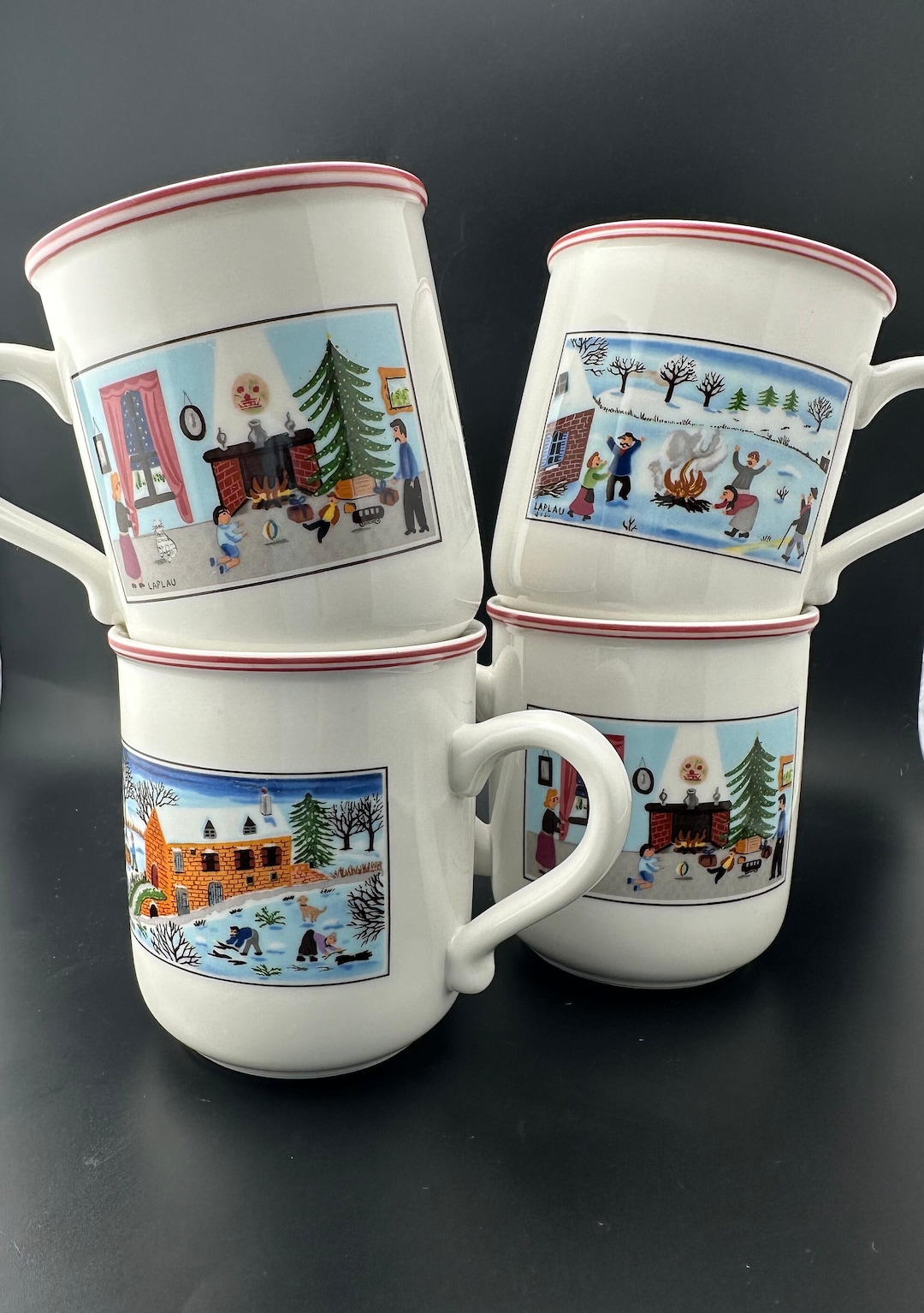 Villeroy & Boch Naif Christmas Folk Art Coffee Mugs, Four Cups per Set