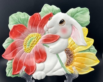 Collectible Fitz and Floyd Bunny Blooms Canape Plate with 3 Dimensional Bunny & Flowers/Fitz and Floyd Bunny Serving Dish. Discontinued