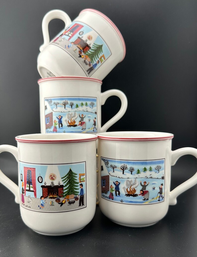 Villeroy & Boch Naif Christmas Folk Art Coffee Mugs, Four Cups per Set