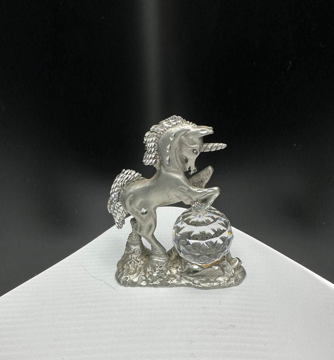 Vintage Cuter Unicorn Figurine in Pewter Rearing Over Crystal Etsy