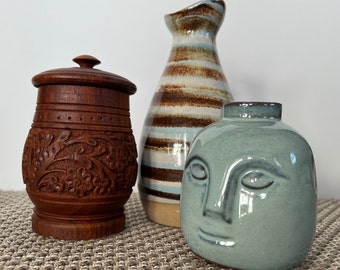 Terrific Trio! Hand Carved Spice/Tobacco Jar, Gordon and Jane Martz Pottery Cruet/Vase, Bloomingville Face Candle Holder