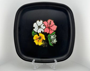 Vintage Mid-Century Black Couroc Plate for Western Airlines, Featuring Inlaid Retro Flowers